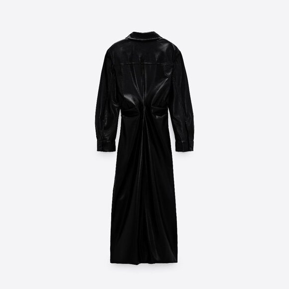 NWOT Zara black faux leather gathered waist button-up collared shirt dress, S - Picture 8 of 12